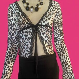 SHEIN Black and White Leopard Print Lace Blouse